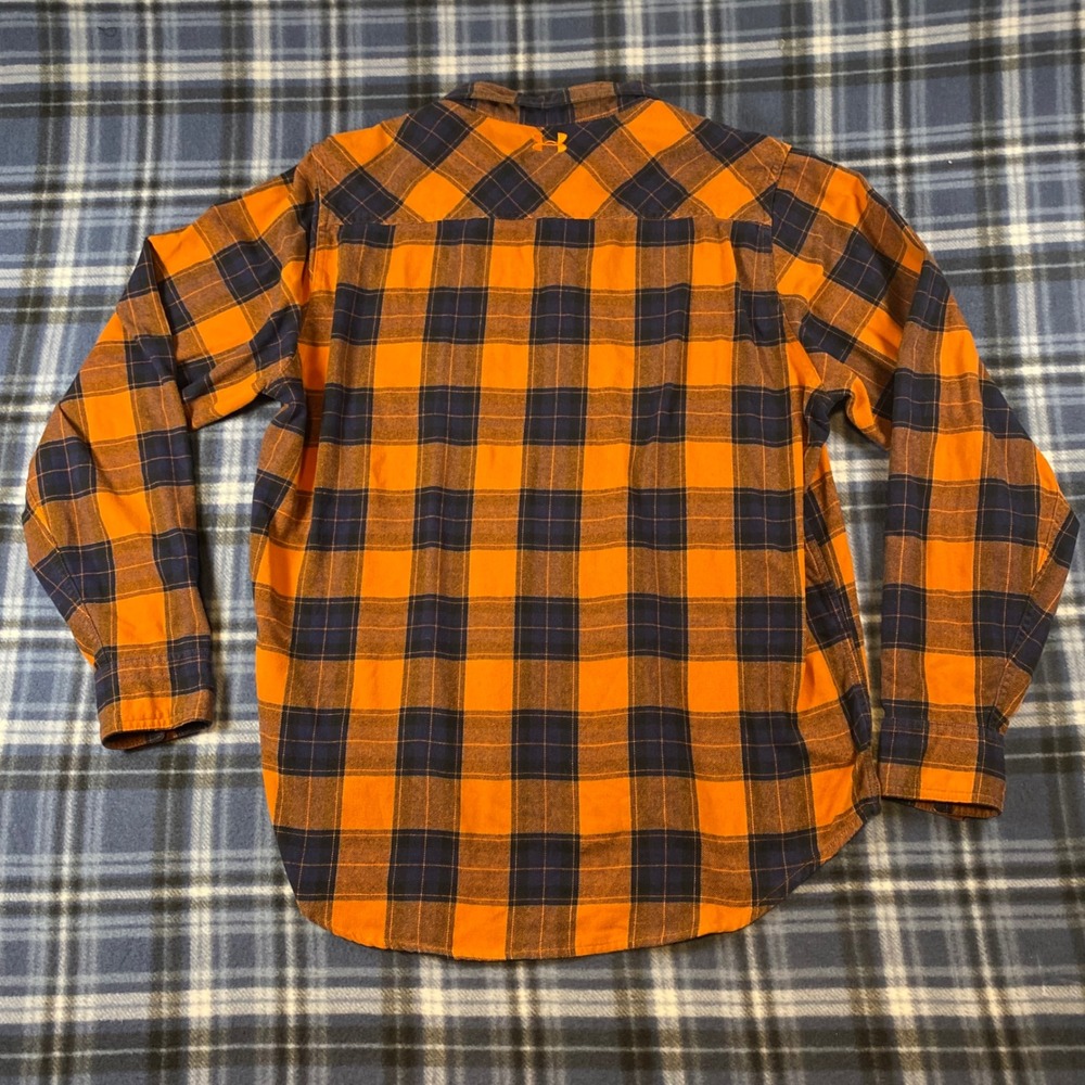 Under Armour ColdGear Mens Plaid Flannel Shirt Orange Navy Blue Loose Fit Large - Picture 6 of 6
